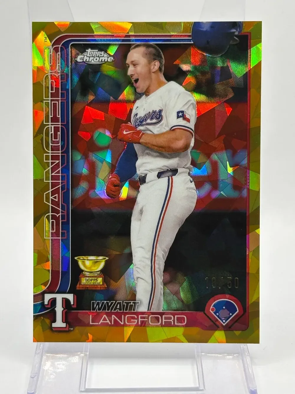 2025 Topps Chrome Sapphire Wyatt Langford Gold Refractor 18/50 SP Rangers Cup